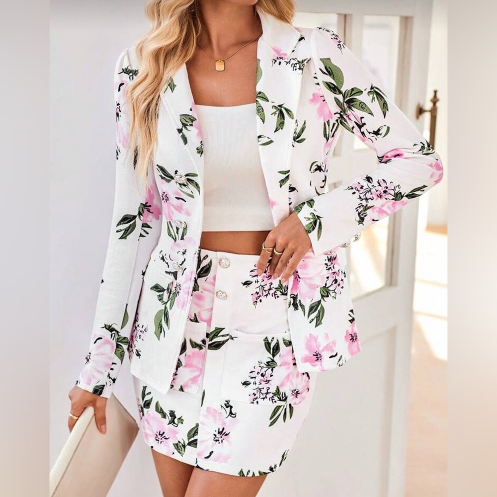 SHEIN White and Pink Floral Blazer & Skirt Set